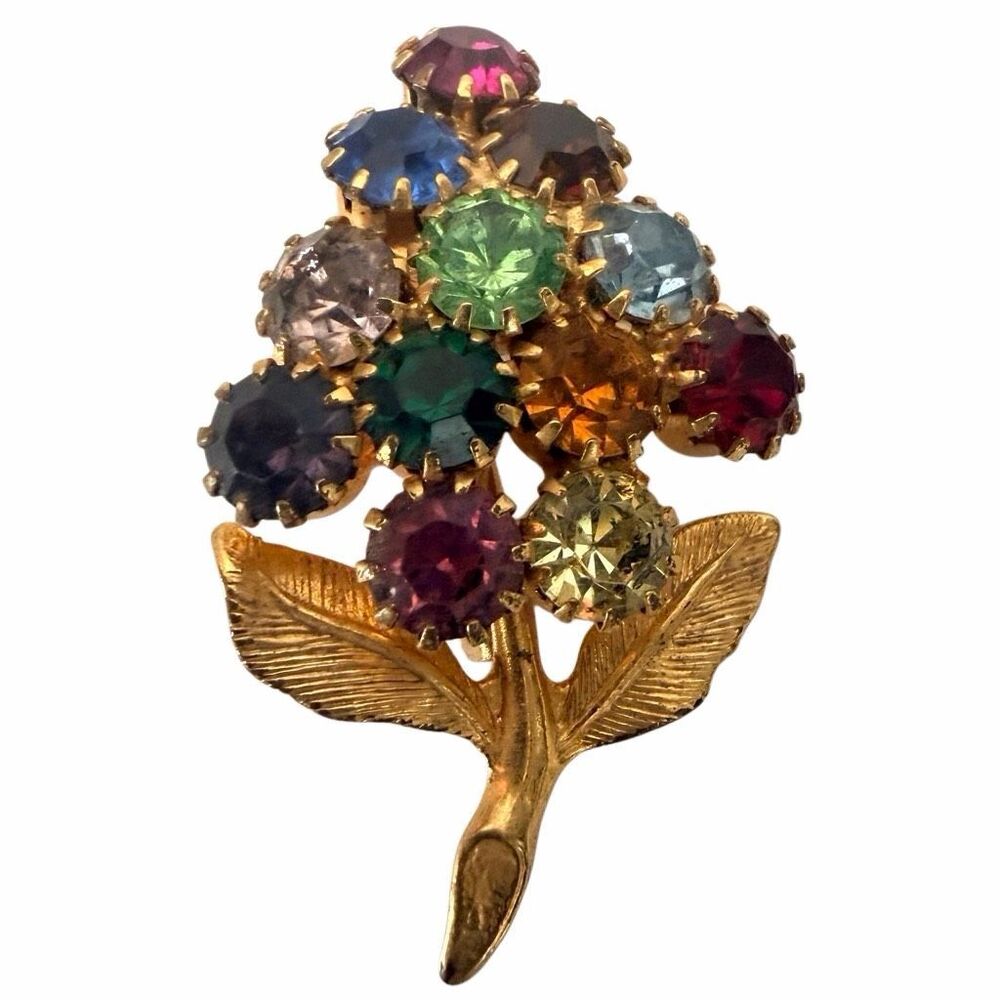 Vintage Multicolor Rhinestone Flower Spray Brooch